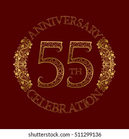 55th anniversary celebration vintage patterned logo symbol. Golden circular ornate emblem on red.