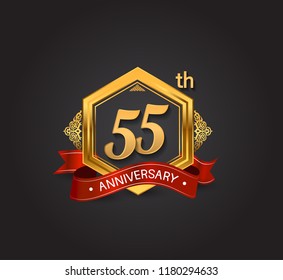 55th anniversary design logotype style with golden hexagon, ornament and red ribbon for use in celebration event.