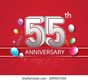 55th anniversary design red background with balloons and confetti for company celebration event 