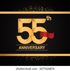 55th anniversary golden design with red ribbon and glitter isolated on black background for celebration