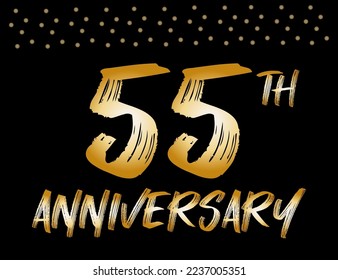 55th anniversary logo with confetti golden. Fifty-five years gold brush ink font for commemorative date and birthday. vector with black background