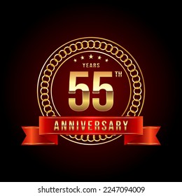 55th Anniversary. Anniversary logo design with gold color text and red ribbon for anniversary celebration event. Logo Vector Illustration