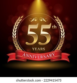 55. Jahrestag. Jubiläum Logo-Design mit Laurel Kranz und rotem Band für Feierlichkeiten, Hochzeit, Einladung, Grußkarte. Vektorgrafik