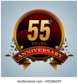55th anniversary logo with gold circle badge. Anniversary signs illustration. Gold colors anniversary logo with circle ring