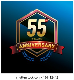 55th anniversary logo with gold ring and red ribbon. Anniversary signs illustration. Gold anniversary logo design and illustration