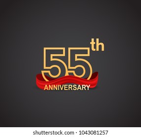 55th anniversary logotype design with line golden color and red ribbon for celebration isolated on dark background