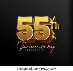 55th Anniversary Logotype with Gold Confetti Isolated on Black Background, Vector Design for Greeting Card and Invitation Card