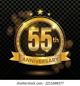 55th Anniversary Logotype with Gold Confetti Isolated on Black Background, Vector Design for Greeting Card and Invitation Card