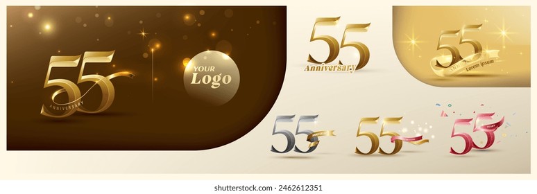 Logotipo del 55º aniversario número de oro moderno con cinta brillante. número de logotipo alternativo