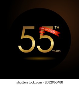Blootipo de 55º aniversario con cinta roja. Aniversario dorado diseño de emblema para folletos, folletos, revistas, afiche de folletos, web, invitación o tarjeta de saludo. Ilustración vectorial. EPS 10