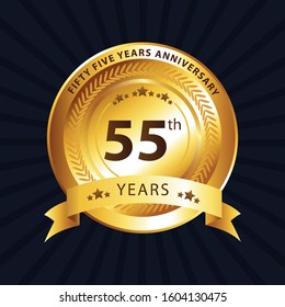 55th gold anniversary celebration logo with ring and ribbon, laurel wreath design