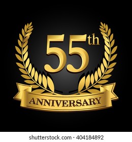55th golden anniversary logo with ring and ribbon, laurel wreath vector design isolated on black background