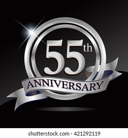 55th silver anniversary logo with ring and ribbon. Vector design template elements for your birthday celebration.