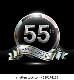 55th silver anniversary logo, vector celebration design with ring and ribbon.