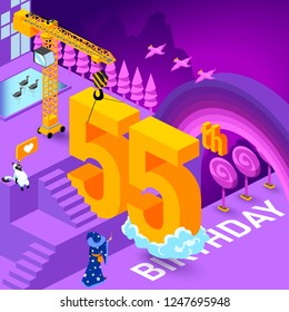 55th year Anniversary Celebration concept with characters. Flat isometric vector illustration