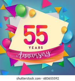 55th Years Anniversary Celebration Design, balloons and ribbon, Colorful design elements for banner, invitation, greeting card your fifty five birthday celebration party.
