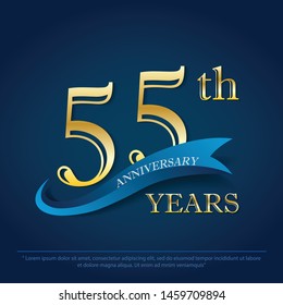 55th years anniversary celebration emblem. anniversary elegance golden logo with blue ribbon on dark blue background, vector illustration template design for celebration greeting and invitation card