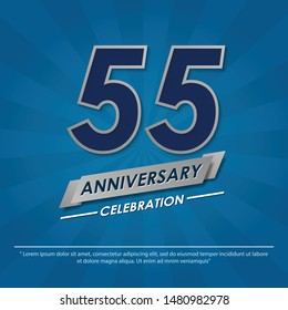 55th years anniversary celebration emblem. anniversary elegance silver logo isolated with ribbon on blue background, vector illustration template design for celebration greeting and invitation card