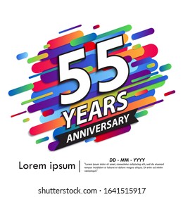 55th years anniversary celebration emblem. white anniversary logo isolated with colorful rounded lines. vector illustration template design for web, flyers, poster, greeting & invitation card