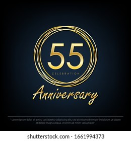 55th years anniversary celebration emblem. elegance golden anniversary logo isolated with rings on black background, vector illustration template design for web, flyers, greeting card & invitation card