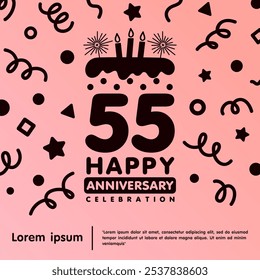 55th years anniversary celebration emblem. Happy anniversary logo isolated birthday cake and candle with confetti line doodle. vector illustration template design for web, flyers, poster, greeting