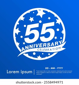 55th years anniversary celebration emblem. white anniversary logo isolated with ribbon and stars ball on blue background. vector illustration template design for web, flyers, poster, greeting card