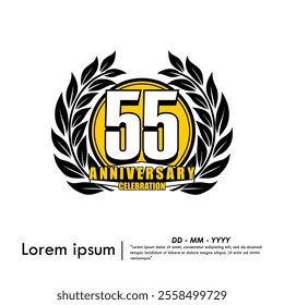 55th years anniversary celebration emblem. anniversary logo isolated with laurel wreath on white background. vector illustration template design for web, flyers, poster, invitation card, greeting card