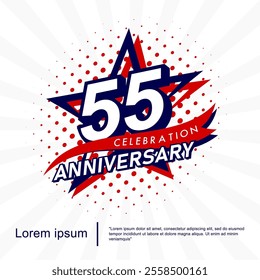 55th years anniversary celebration emblem. anniversary star logo isolated with red ribbon and star. vector illustration template design for web, flyers, poster, invitation card, greeting card