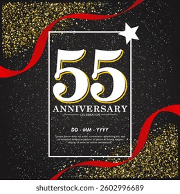 55th years anniversary celebration emblem. elegant anniversary logo isolated with red ribbon and stars twinkle sparkle. vector illustration template design for web, flyers, poster, invitation card