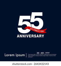 55th years anniversary celebration emblem. elegant anniversary logo isolated with red ribbon on dark blue background. vector illustration template design for web, flyers, poster, invitation card