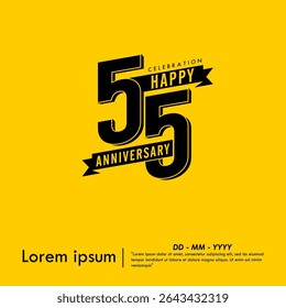 55th years anniversary celebration emblem. black logo isolated with ribbons on yellow background. vector illustration template design for web, flyers, poster, greeting card and invitation card