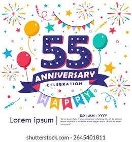 emblema de celebração de aniversário de 55 anos. parabéns logotipo de aniversário isolado com balões, bandeira de bunting, fita, fogos de artifício e estrelas.