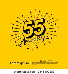 55th years anniversary celebration emblem. congratulations anniversary logo isolated with ribbon and starburst on yellow background. vector illustration template design for web banner