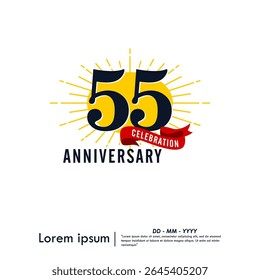 55th years anniversary celebration emblem. congratulations anniversary logo isolated with red ribbon and starburst on white background. vector illustration template design for web banner