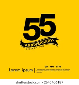 55th years anniversary celebration emblem. black logo isolated with ribbon on yellow background. vector illustration template design for web, flyers, poster, greeting card and invitation card