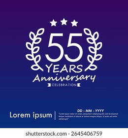 55th years anniversary celebration emblem. congratulations anniversary logo isolated with laurel wreath and stars and ribbon on dark blue background. vector illustration template design for web banner