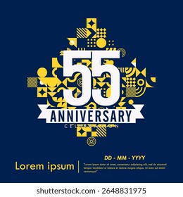 55th years anniversary celebration emblem. congratulations anniversary logo isolated with ribbon and neo geometric on blue background. vector illustration template design for web banner