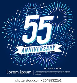 55th years anniversary celebration emblem. congratulations anniversary logo isolated with ribbon and fireworks sparkle on blue background. vector illustration template design for web banner