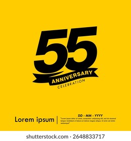 55th years anniversary celebration emblem. congratulations anniversary logo isolated with ribbon on yellow background. vector illustration template design for web, flyers, poster, greeting card
