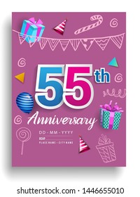 55th Years Anniversary invitation Design, with gift box and balloons, ribbon, Colorful Vector template elements for birthday celebration party.