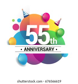 55th years anniversary logo, vector design birthday celebration with colorful geometric, Circles and balloons isolated on white background.