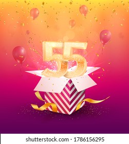 55th years anniversary vector design element. Isolated fifty-five years jubilee with gift box, balloons and confetti on a colorful background.