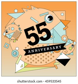 55th years greeting card anniversary with colorful number and frame. logo and icon with circle badge and background