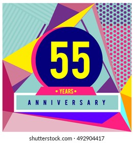 55th years greeting card anniversary with colorful number and frame. logo and icon with Memphis style cover and design template. Pop art style design poster and publication.