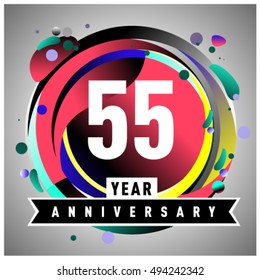 55th years greeting card anniversary with colorful number and frame. logo and icon with circle badge and background