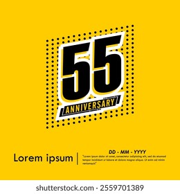 55years anniversary celebration emblem. anniversary logo isolated with ribbon and polka dots pattern on yellow background. vector illustration template design for web, flyers, poster, greeting card