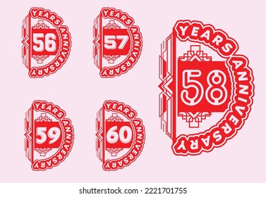 56 to 60 years anniversary logo and sticker design template