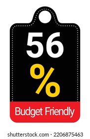 56% Budget Friendly sign tag, label vector art Black Background white and yellow lettering