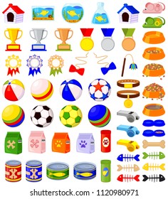 56 colorful cartoon pet shop elements set. Domestic animals care vector illustration for icon, sticker, patch, label, badge, certificate or gift card decoration