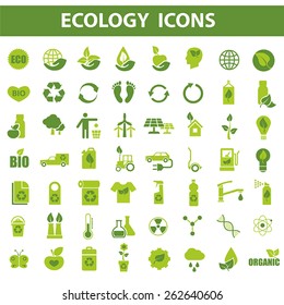 56 green ecology vector icons on white background